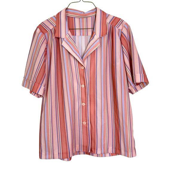 Vintage peach pink purple stripe short sleeve button up blouse‎ with ascot scarf - Picture 1 of 7